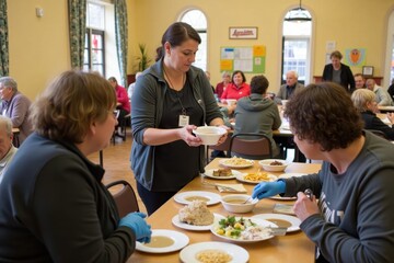 Fototapeta premium A woman is serving soup to homeless individuals at a community center. The background shows a warm, welcoming room with colorful decorations and tables filled with food