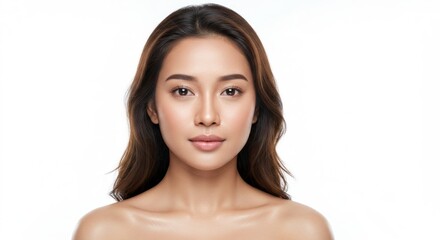 Fototapeta premium Radiant Nusantarian Young Asian Woman with Flawless Skin, Natural Makeup, and Elegant Pose Against a Clean White Background
