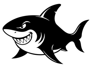 An aggressive and dynamic 3D vector mascot of a great white shark, featuring a cartoon-style evil face, scary teeth, scars, and a curved tail. Perfect for sports teams or clubs looking for a fierce