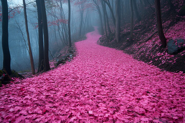 Pink leaves blanket a forest path winding through misty trees
