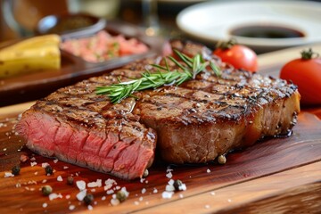 Juicy grilled steak, seasoned with rosemary and spices, sits on a wooden cutting board, ready to be enjoyed