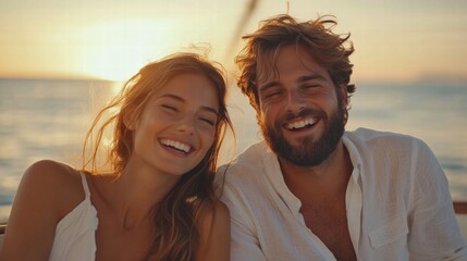 Obraz premium A joyful couple laughing together on a yacht at sunset, basking in love and serenity