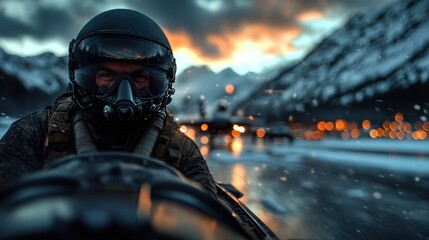 Fototapeta premium A brave pilot maneuvers the cockpit of a fighter jet amid a breathtaking sunset backdrop, showcasing the thrill of aviation and the beauty of nature's colors in the sky.