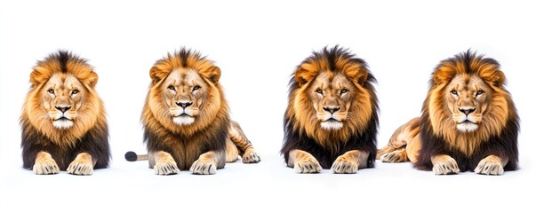 Four Majestic Lions Lying Down Isolated On White Background