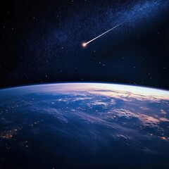 Meteor streaking across the night sky above Earth.