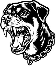 A fierce and intense Rottweiler logo featuring angry snarling, gritting teeth, evil eyes, and a chain collar. Perfect for bold, tough branding or sports teams