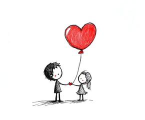 Two drawn people holding a flying balloon in the shape of a heart. Valentine's Day Concept