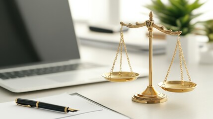 Golden scales of justice on a lawyers desk with legal documents, a pen, and a laptop in a modern office setting