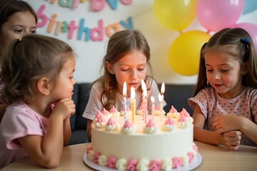 A child blowing out candles on a birthday cake surrounded by friends. The room is decorated with bright balloons and a big "Happy Birthday" sign on the wall