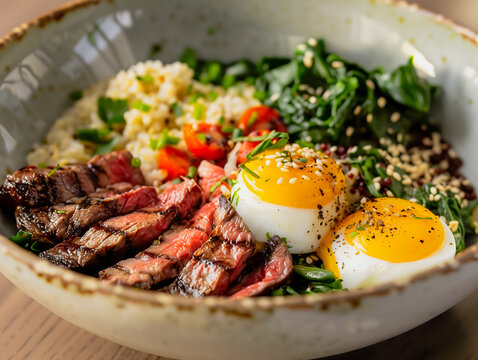 Nutritious breakfast bowl loaded with grilled steak, poached eggs, quinoa, spinach, and roasted tomatoes. Drizzled with tahini dressing and sprinkled with sesame seeds.