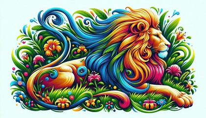 Colorful lion resting in a vibrant jungle full of flowers