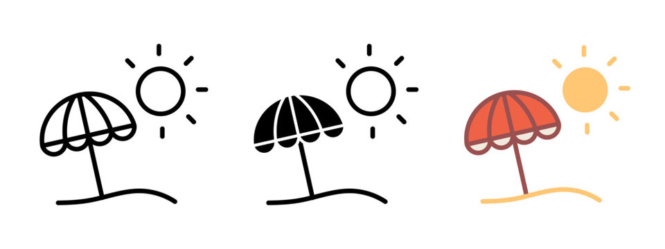 Beach umbrella icon. Vacation symbol. Sun and sea beach vector illustration. Holiday travel sign. Seaside sand coast. Sunshade pictogram. Resort relaxation trip. Summer relax tour journey. Sun parasol