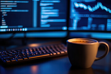 cozy workspace with coffee cup and computer screens displaying code