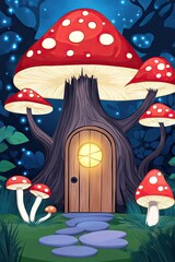 Fototapeta premium Whimsical wooden door at the base of a giant tree surrounded by glowing mushrooms in a magical forest setting