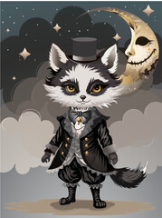 Cute fox on the costume and hat in the dark grey backround 