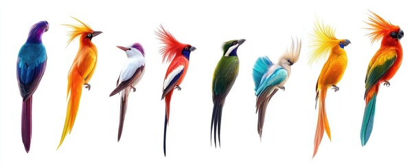 Vibrant Colorful Birds Displayed Against White Background