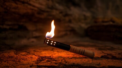 A lit torch is currently laying on the ground in the darkness