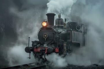 Vintage steam train leaving the station on a foggy day, creating a nostalgic and evocative atmosphere