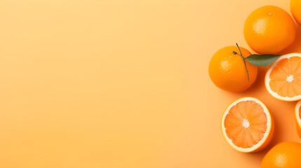 whole and half mandarines oranges on side of light pastel colored orange background