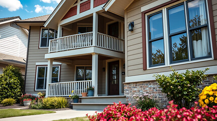 Two-story light beige house with a wraparound porch, featuring red accents, large windows, and landscaping including flowers and shrubs.  A portion of a neighboring house is visible on the left.