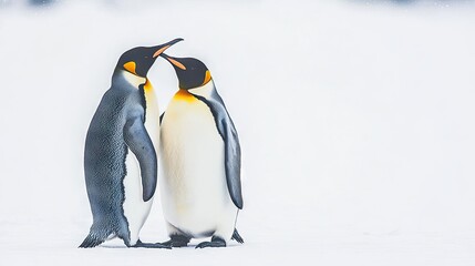 Fototapeta premium Two king penguins nuzzle on a snowy landscape. Perfect for wildlife lovers, nature blogs, or winter-themed designs.
