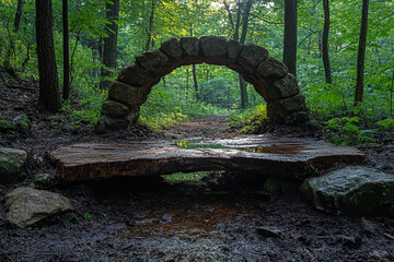 Stone Arch Bridge Over Forest Creek Path
