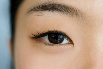 Fototapeta premium Captivating Close-up Beauty Shot of Asian Woman with Single Eyelid, Long Thin Eyelashes, and Black Eyeliner on Blue-White Background