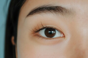 Fototapeta premium Captivating Close-Up Beauty of Asian Woman with Single Eyelid, Long Thin Eyelashes, and Black Eyeliner on Blue-White Background