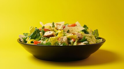 Delicious Caesar Salad in Black Bowl on Yellow Background