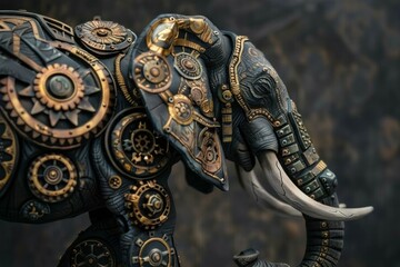 Fototapeta premium Mechanical elephant statue with gears and intricate details, showcasing steampunk aesthetics