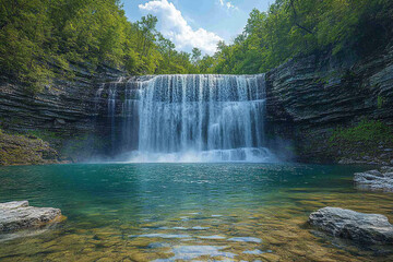 Majestic Waterfall Cascading Into Tranquil Teal Pool