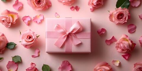 Naklejka premium An empty gift box falling on rose background, top view from above, natural light, valentine's day concept
