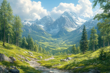 Serene Mountain Valley Path Through Lush Green Meadows