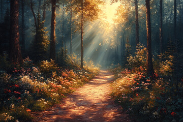 Obraz premium Sunlit Forest Path With Wildflowers