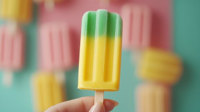 A vibrant stock photo showcasing a female hand holding a yellow and green popsicle in front of a lively, colorful background, ideal for promoting summer-themed products or services
