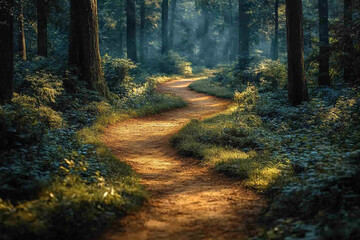Obraz premium Sunlit Forest Path Winding Through Lush Green Trees