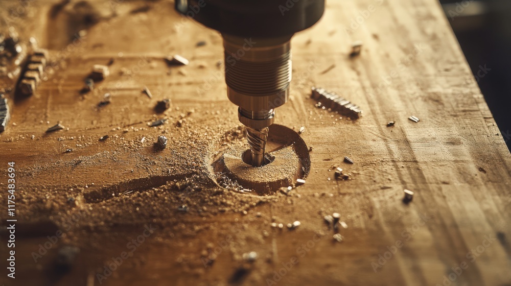 Poster close-up of a precision cnc machine engaging in woodworking process with shavings flying and tools s