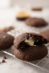 Close up homemade baked chocolate brownie cookies against a white background. Vertical