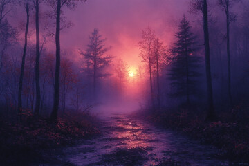 Obraz premium Serene Sunset Over Misty Forest Stream