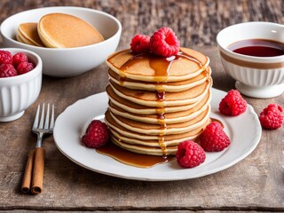 Fluffy pancake stack adorned with fresh raspberries and golden syrup. Inviting breakfast display, perfect for food enthusiasts and culinary websites. Bright, colorful, and appetizing.