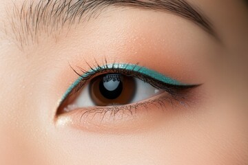 Obraz premium Elegant Asian Woman with Single Eyelid and Precise Eyeliner in Beauty Portrait on Blue and White Gradient Background