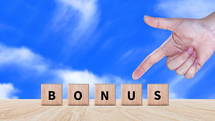 Bonus concept on wooden cube, suggests additional reward or incentive provided to individuals based...