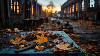 An evocative scene captures an abandoned industrial building strewn with autumn leaves, illuminated by a warm sunset, emphasizing nostalgia and the passage of time.