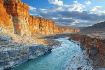Majestic River Flows Through A Canyon Of Red And Gray Cliffs