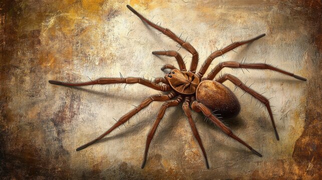 A wolf spider on a textured brown and beige background, blending into its surroundings