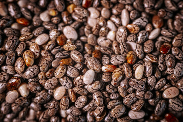 A close-up of chia seeds, showcasing their unique speckled patterns and glossy texture. These tiny seeds are a popular superfood, rich in nutrients and perfect for healthy recipes.
