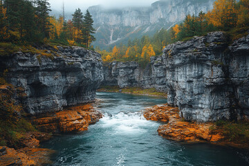 Fototapeta premium Autumn River Gorge Surrounded By Colorful Trees And Rocks