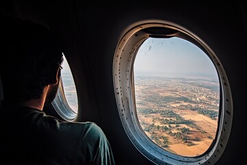 Naklejka premium Person gazing out airplane window at breathtaking aerial landsca