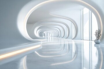 Obraz premium futuristic empty room with sleek design featuring hidden lighting and a glossy white floor creating a modern spacious ambience perfect for showcasing innovative concepts and designs