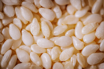 A macro shot of white sesame seeds showcasing their smooth texture and oval shape, commonly used in cooking and baking.